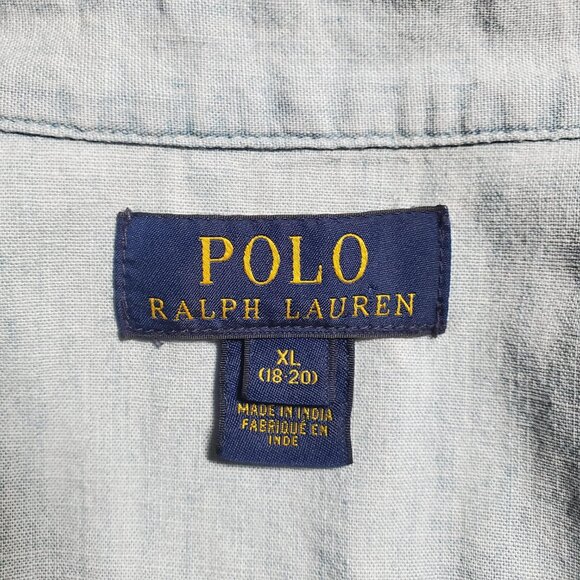 Polo Ralph Lauren Boys Short-Sleeve Chambray Blue Western Shirt Snap Sz XL - Picture 2 of 16